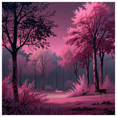 Tapisserie murale forêt rose avec cerf