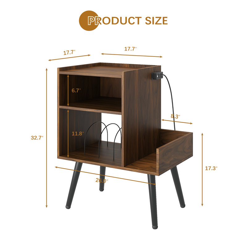 Record Storage Cabinet with Audio Shelf and Built-In Power Outlet for Bedroom, Living Room, Small Spaces, Rustic Walnut 