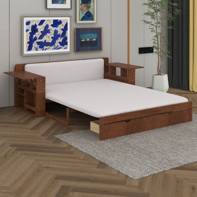 Queen Size Day Bed With Removable Desk, Wooden Daybed Frame With Storage Drawers & Hydraulic Side Table