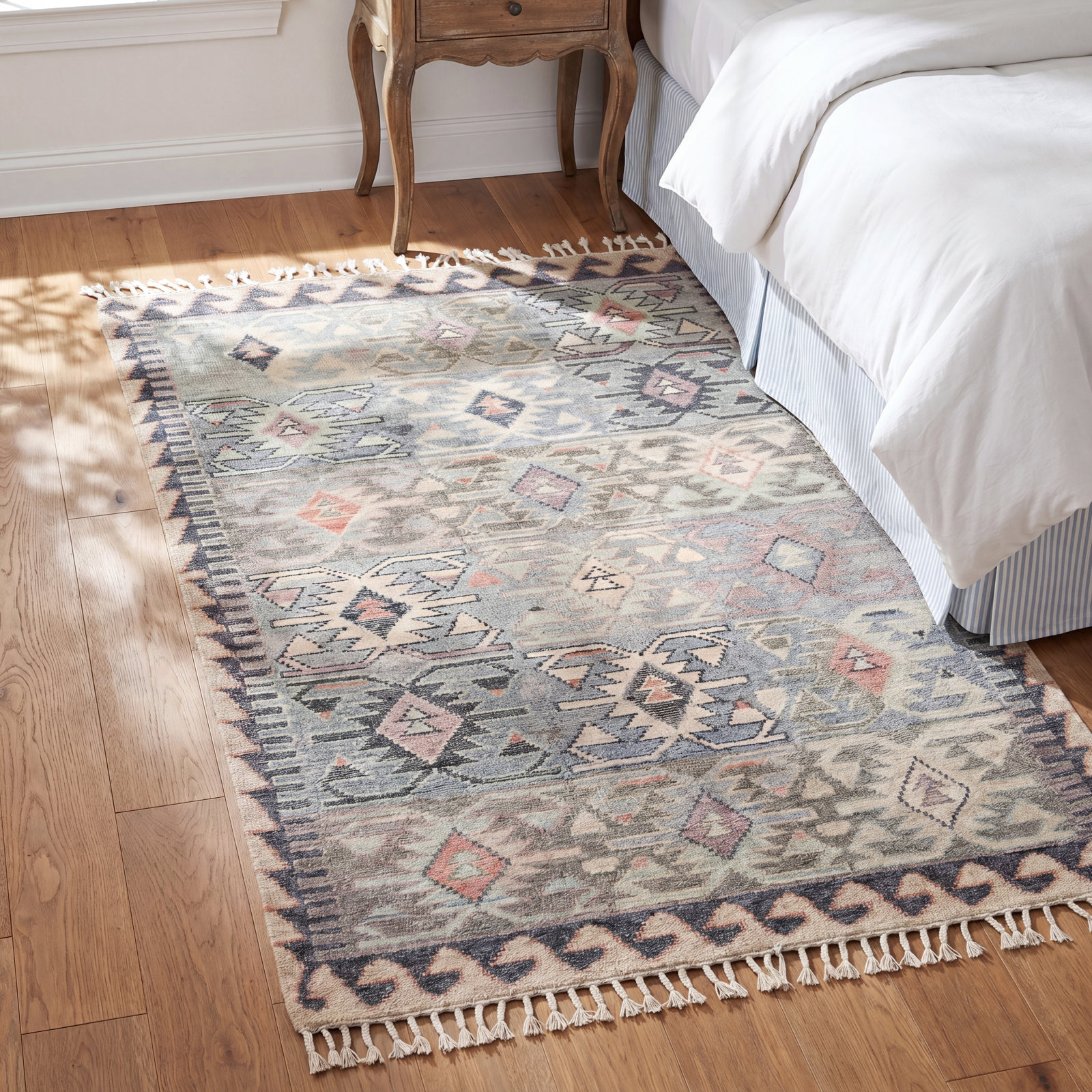 Blue Brown Beige Hand-Knotted Wool Rug, Rectangle 9' X 12'