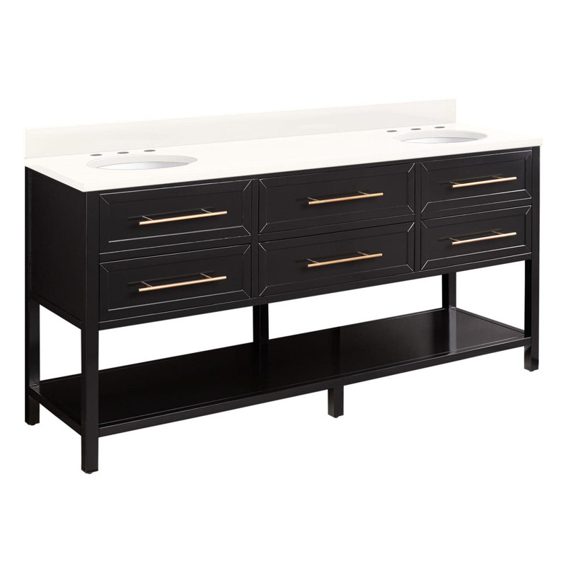 72" Robertson Double Bathroom Vanity Set with Oval Undermount Sinks, Black, Arctic White Quartz, 8" Widespread