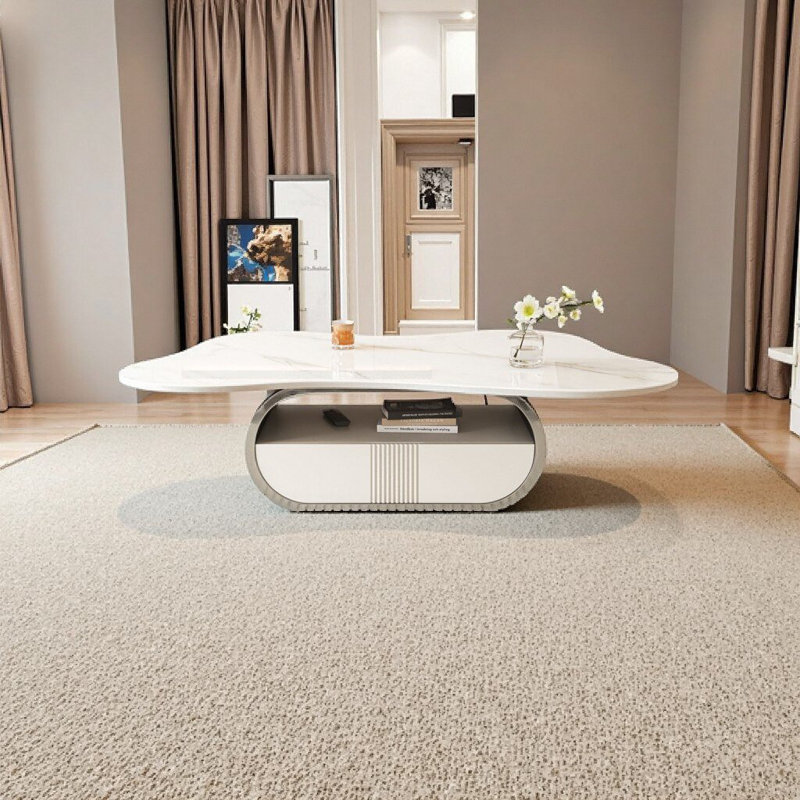 Table basse moderne avec dessus en pierre frittée, tiroir de rangement et tablette Modern Butterfly, Gris + blanc