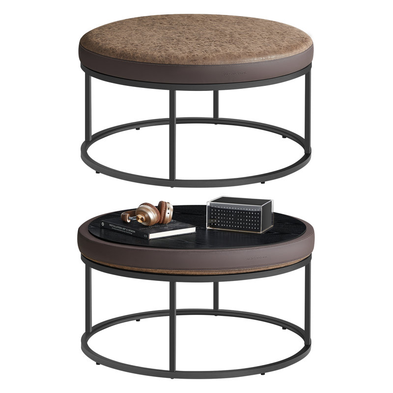Round Coffee Table, Footstool, Walnut Brown