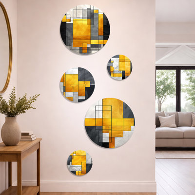 Jaune et gris géométrique fusion 2 - ensemble de 5 décorations murales géométriques abstraites en métal