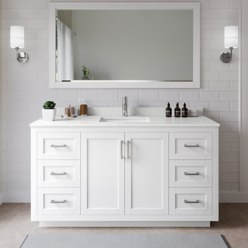 Meuble-lavabo simple autoportant de 66 po avec plateau en quartz Miranda, Quartz blanc, Blanc, Nickel brossé