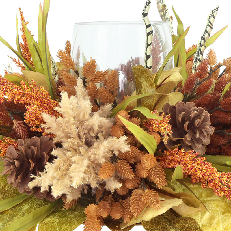 Bougeoir d'automne Alma décoré de pampas, de bruyères et de pommes de pin