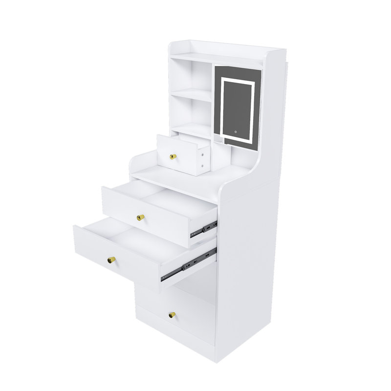 Meuble-lavabo multifonctionnel avec miroir à 3 températures de couleur, tabouret caché et 4 compartiments blancs pour l'organisation de la chambre à coucher Compact 31, tablettes de rangement sous le siège à densité moyenne