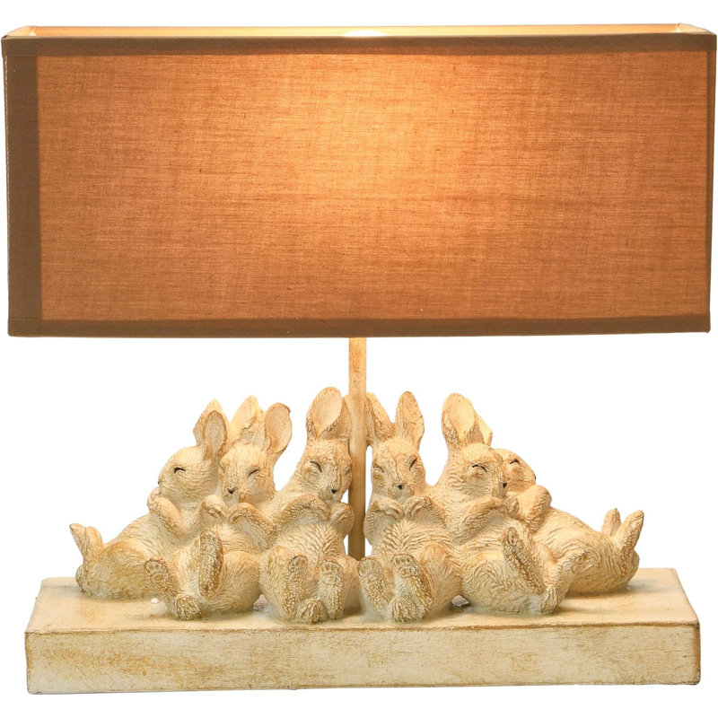 Whitewashed Rabbit Table Lamp With Linen Shade, Farmhouse Nursery Decor, Animal-Themed Bedroom Light