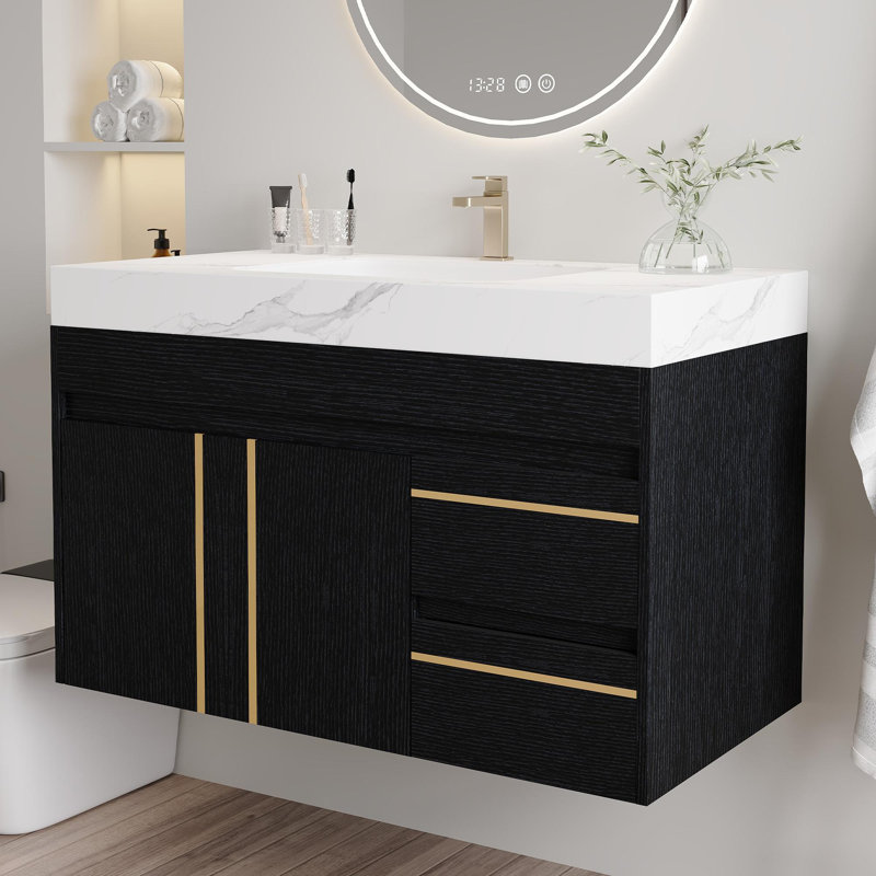 Meuble-lavabo mural 36 po avec lavabo en céramique et comptoir en marbre, Blanc