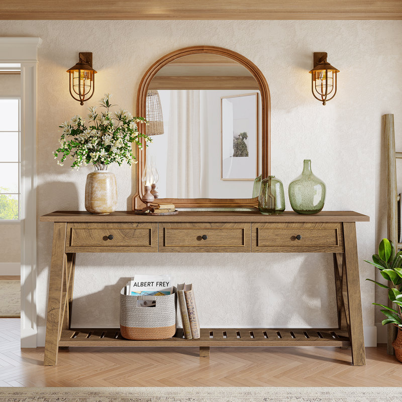 70.87" Console Table With 3 Drawers And Shelves, Farmhouse Wooden Long Sofa Table For Living Room, Entryway, Hallway, Natural