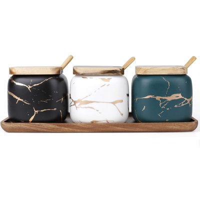 Ceramic Salt And Sugar Container, Condiment Jars With Lids And Spoons, Marble Seasoning Spice Pots Bowl, Pepper Sellar With Wooden Tray