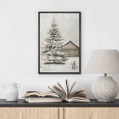 Rustic Christmas Tree Snow-Covered Holiday Red Ornaments by a Barn Farmhouse Decor Illustration