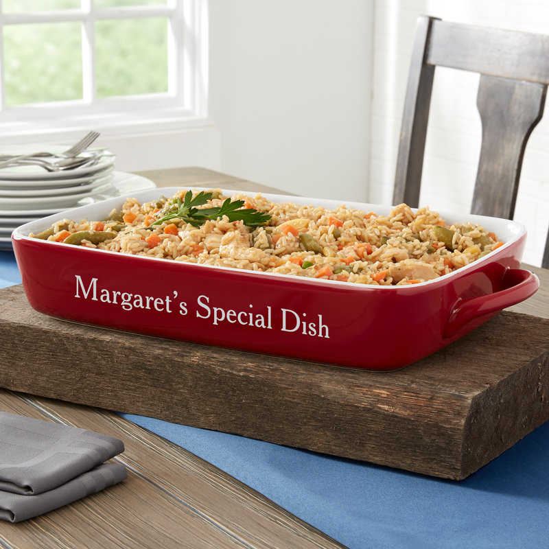 Personalization Mall Rectangle Stoneware Casserole Bakeware, Red, Yes