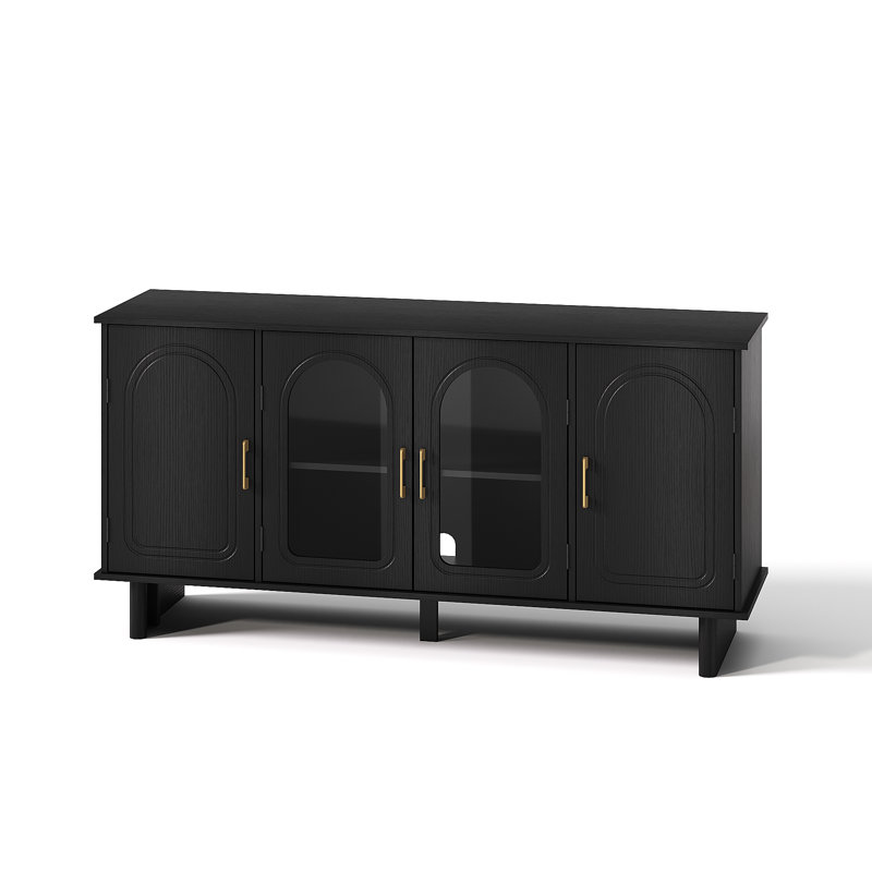 Mid-Century Modern TV Stand with Storage, TV Console Table with Glass Doors for Living Room, Black