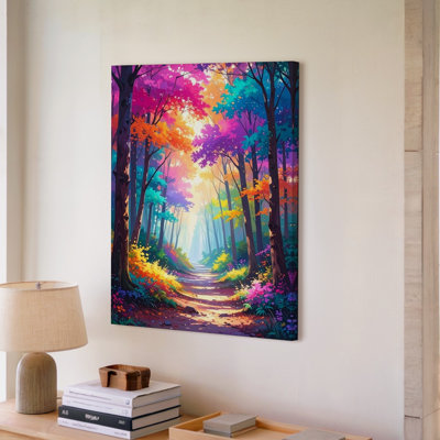 Art mural, paysage de forêt enchantée, paysage fantaisiste avec arbres colorés