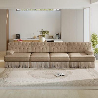 135" Modular Chesterfield Button-Tufted Soft Velvet Sofa with Draped Tassel Fringe Skirt, Premium Wooden Base, High-Density High-Resilience Foam Cushions, Easy Assembly for Lounge Areas