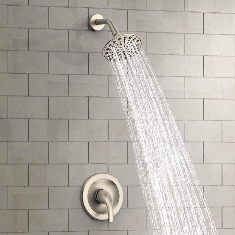 Single Handle 6 - Functions Wall Mounted Shower With Included Rough In Valve, Adjustable Joint For 360 Movement, Spray Holes, Lever Temperature Regulation, Brushed Nickel Plastic Body Faucet Valve