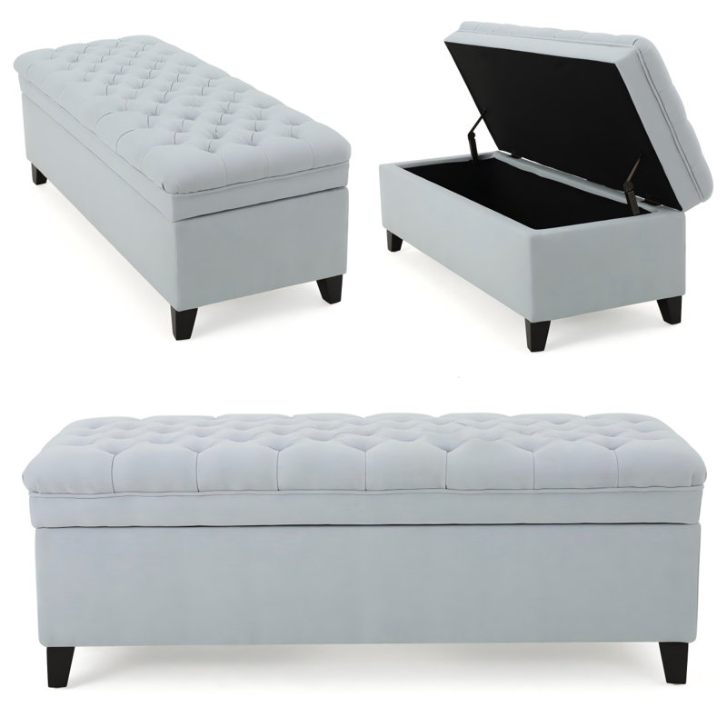 Fabric Storage Ottoman in Light Blue with Birch Legs, 50" Seating & Hidden Storage, Light Blue