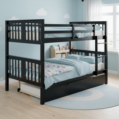 Lit superposé double au-dessus de double en bois massif avec lit gigogne simple et échelle pour garçons et filles