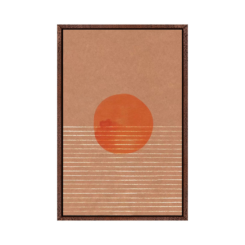 Orange Sun In The Sea by Whales Way - Painting on Canvas, 101.6 cm H x 66.04 cm W, Classic Brown Wood Framed