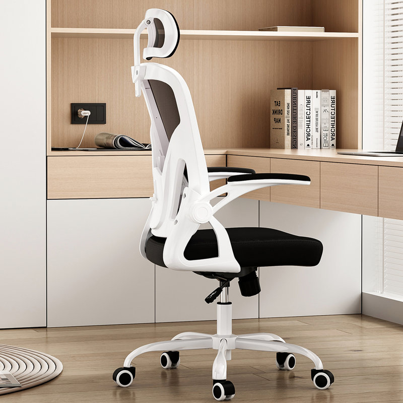 High - Quality Ergonomic Chair With And Lumbar Support For Home Office, White & Black, Flip Up Compact Placement Mesh Adjustable Lumbar, Suitable Study Room, Gaming, Comfortable Breathable