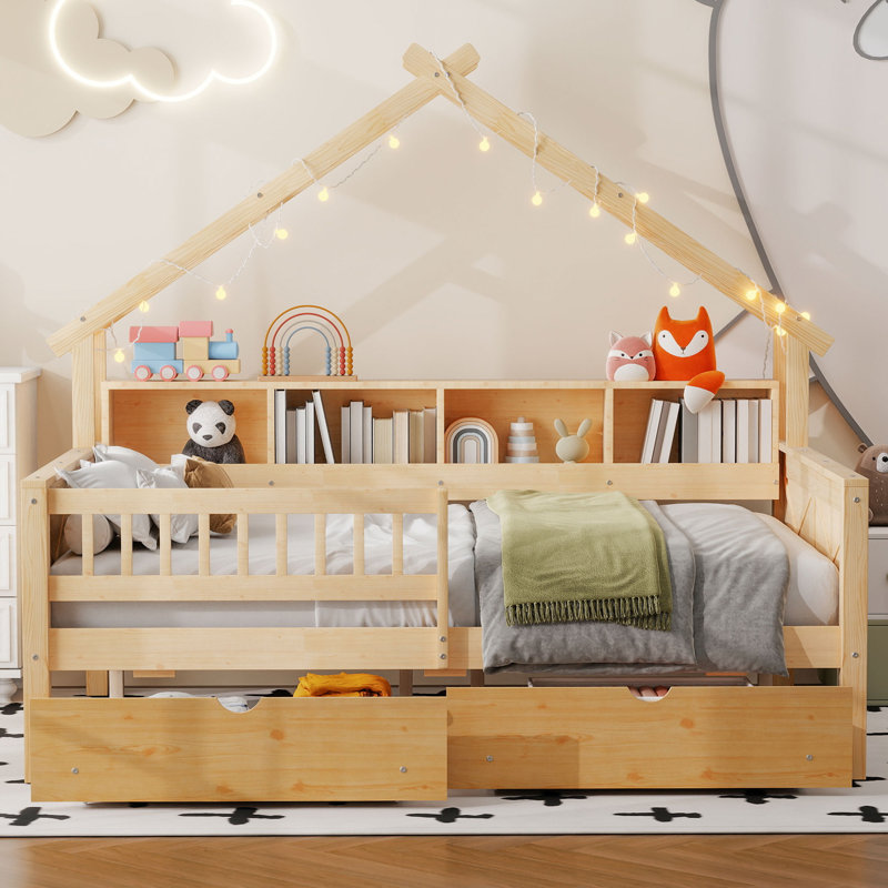 Full Size Wood Platform Bed With Storage And Guardrail, Natural
