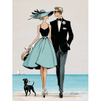 «Elegant Couple Walking by the Sea with Dog», art mural sur toile tendue