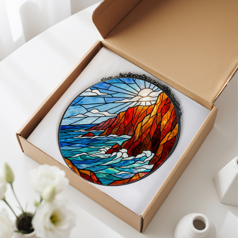 7.8"H Ocean Sunset Stained Glass Window Panel, 7.8" H x 7.8" W