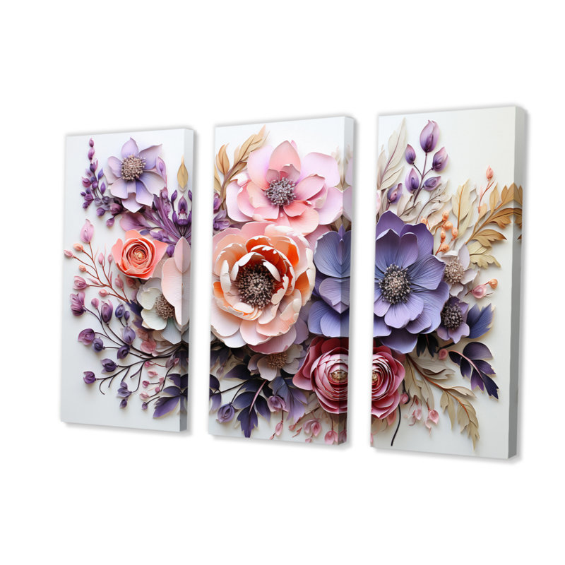 Fleurs délicates, peinture sur toile, 3 pièces, H 28 po x l 36 po