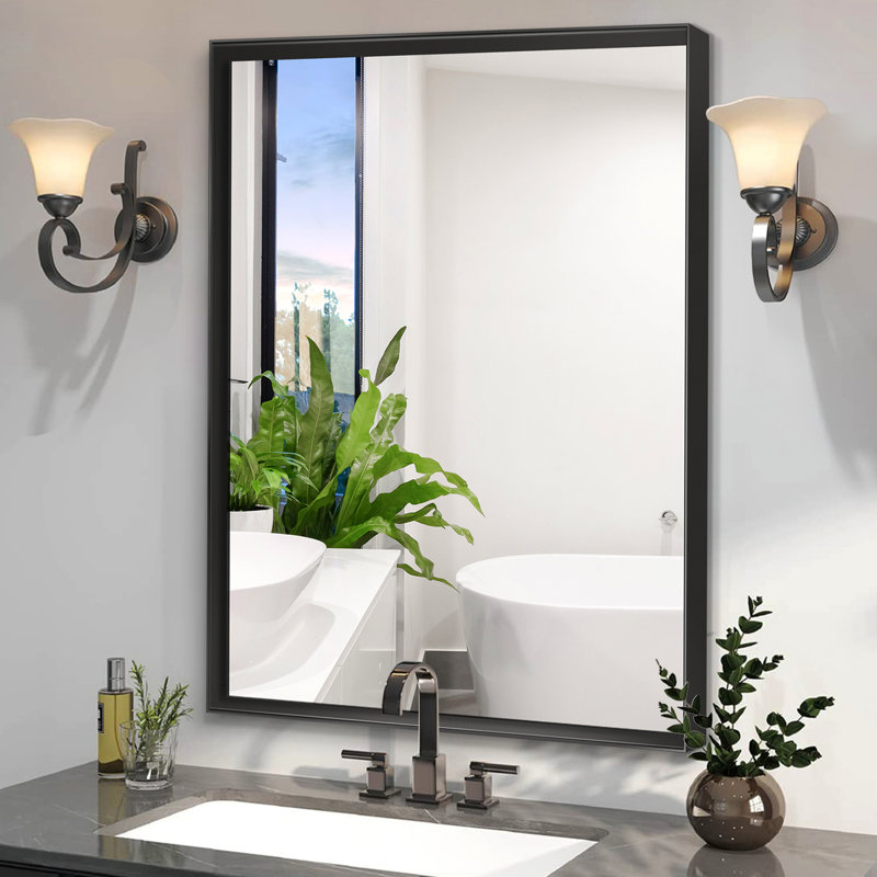 Miroir mural 36x30inch noir pour salle de bain - Verre flottant HD, meuble-lavabo simple de conception classique avec drainage automatique à cadre en métal, style moderne