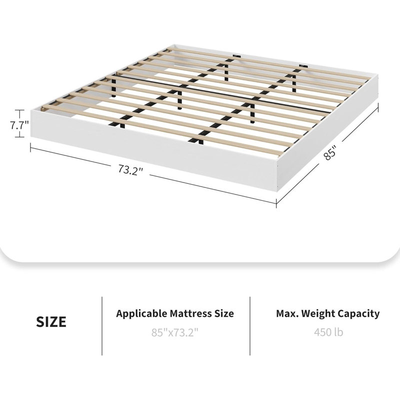 Structure de lit plateforme, support de lattes en bois, aucun sommier requis, assemblage facile et style moderne, Blanc