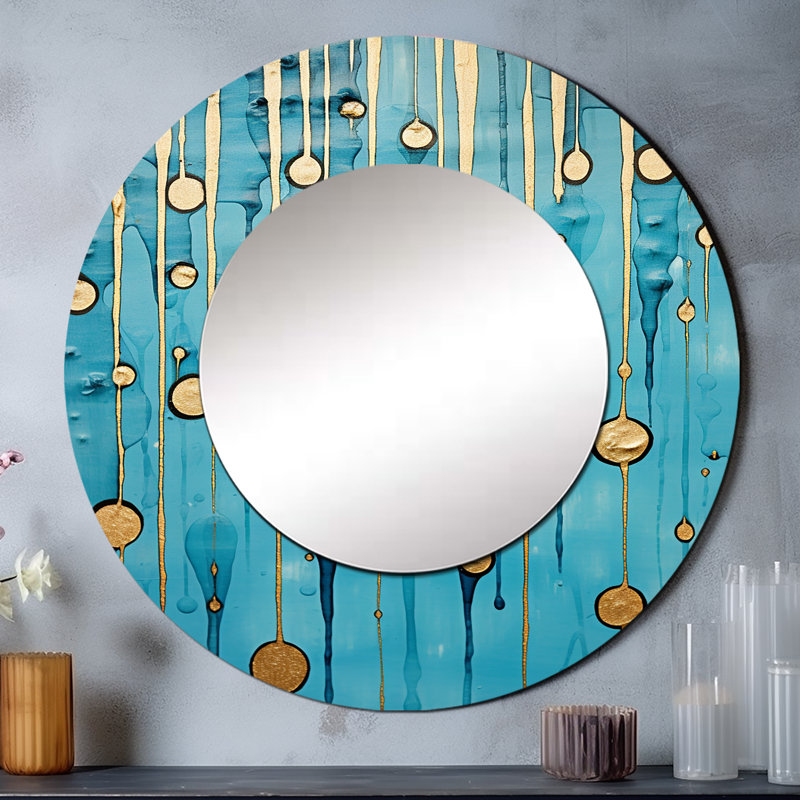 «Abstract Rainy Blue Collage IV», miroir décoratif de formes abstraites, miroir mural rond moderne, impression d'art en métal