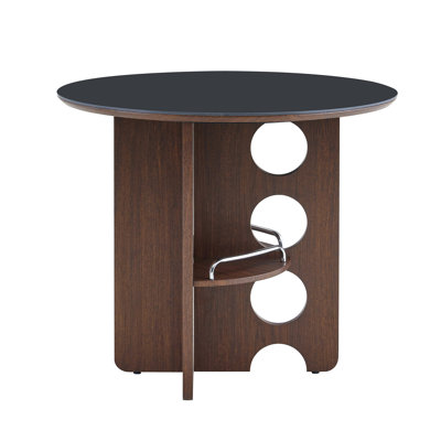 Medieval-style black Sintered Stone round dining table with storage compartments, walnut color MDF legs. Suitable for a home dining room, for a family