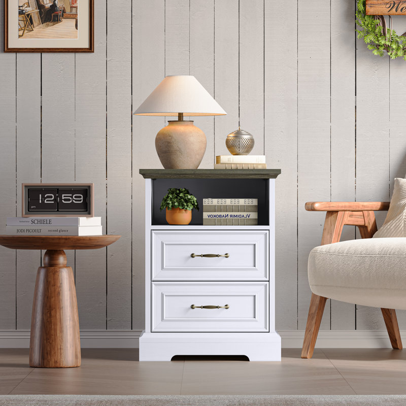Table de chevet rétro avec 2 tiroirs, Blanc / gris foncé