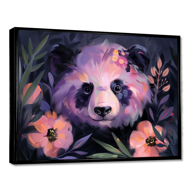 Blanc, mauve, jungle, Blooms II - reproduction d'art mural animal panda, H 12 po x l 20 po, Cadre noir