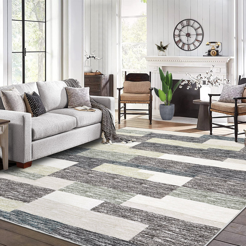 Randolph Geometric Machine Washable Area Rug with Rubber Backing for Living Room Plaid Non-Slip Rug Modern Indoor Carpet Non-Shedding Rug for Bedroom Dining Room Hallway Kitchen Office Playroom Nursery