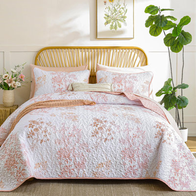 3-Piece Botanical Leaf & Butterfly Pattern Floral Quilt Set Farmhouse Plants Bedspread Coverlet Bedding Set