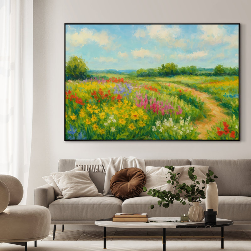 Impression sur toile extra large - "Blooming Meadow", art floral paysage avec sentier de campagne, décoration pour le salon ou la chambre à coucher - "Assemblage requis du cadre (cadre non fini)"