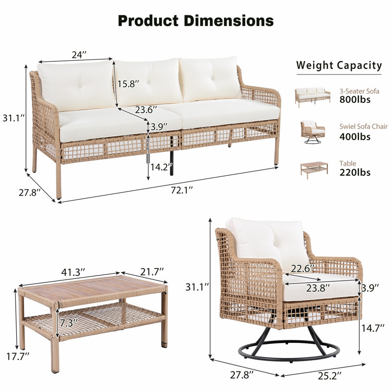 Ensemble de conversation pour l'extérieur 4 pièces, Coussin beige / structure naturelle