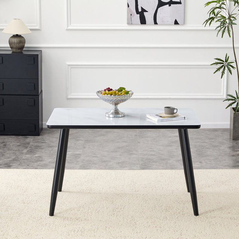 Table de salle à manger rectangulaire l 47,3 po x l 27,5 po - Verre trempé + panneau de fibres à densité moyenne à texture marbre - Pieds fuselés en métal - Pour 4 à 6 personnes - Salle à manger minimaliste