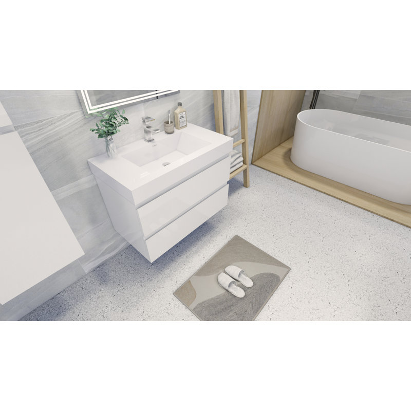 Carneshia 35.4 " W Wall Mounted Wall Mounted 1 Single Vanity Bathroom Vanity With Top, High Gloss White