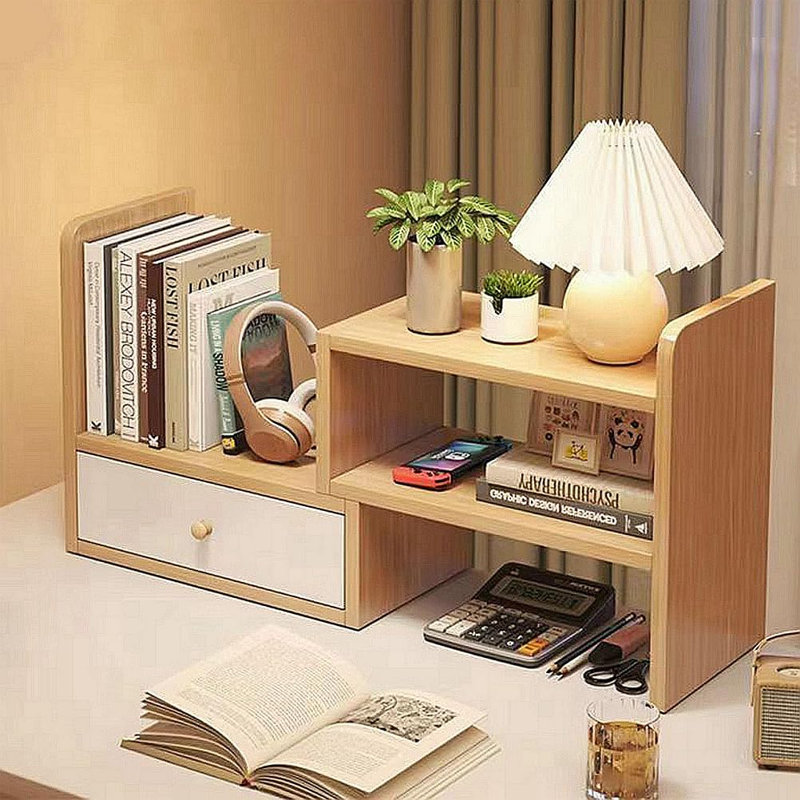 Simple Solid Wood Desktop Student Bookshelf, Desktop Storage Shelf Office Desk File Organizer Cabinet Storage Shelf With Drawer (Type-A (Oak+White)), 2-Tier