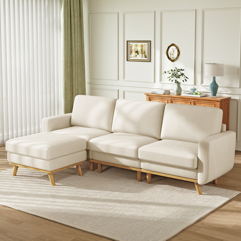 97" Modular Sectional Sofa, L-shaped Couch With Movable Ottoman, Comfy Corduroy Couch With Spring Cushion, Beige Corduroy