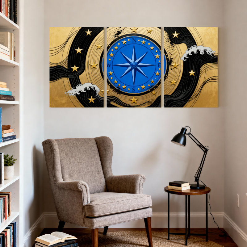 Boussole dorée avec étoiles et vagues, ensemble de 3 impressions sur toile, H 18 po x l 36 po