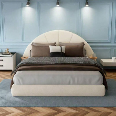 Unique Arched Boucle Bed with Small Table,Queen,Beige
