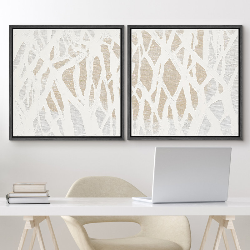 White and Beige Organic Line Modern Relief Style Wall Decor Framed Master Bedroom Wall Art Work 2 Pieces Print, 24" H x 24" W