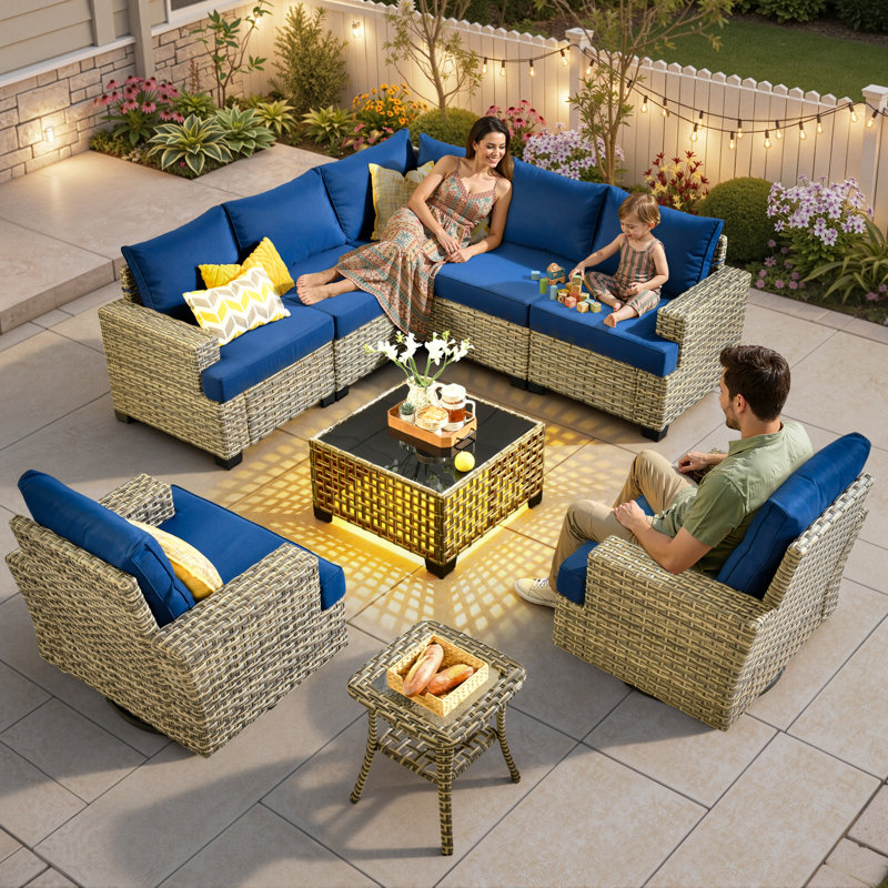 Ensemble de conversation d'extérieur en rotin pour 7 personnes avec chaises berçantes pivotantes, Marine