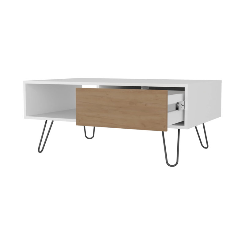 Table basse en chêne blanc et naturel avec 1 tiroir et pieds en épingle à cheveux