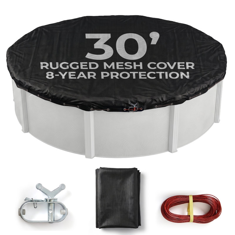 Blue Wave Arctic Armor 30-ft Round Rugged Mesh Pool Cover for Winter, Above Ground, Fine Mesh Debris Barrier, 4-ft Overlap, Metal Grommets, Vinyl-Coated Cable, Metal Winch, Black