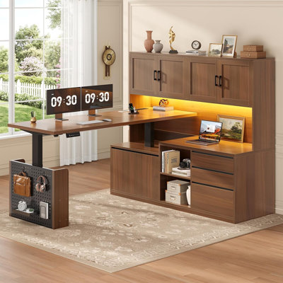 Bureau assis-debout électrique en forme de L de 280 cm avec tablette, bureau d'ordinateur réglable en hauteur avec tiroirs et étagères de rangement, prise électrique et panneau perforé avec éclairage DEL pour bureau à domicile, brun